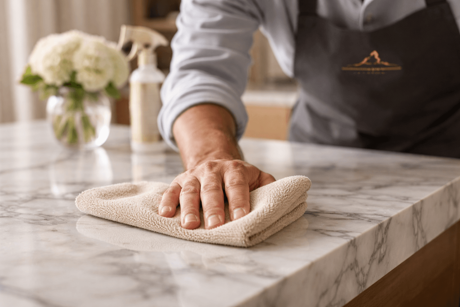 Professional cleaner in a branded uniform polishing a marble countertop with meticulous attention to detail
