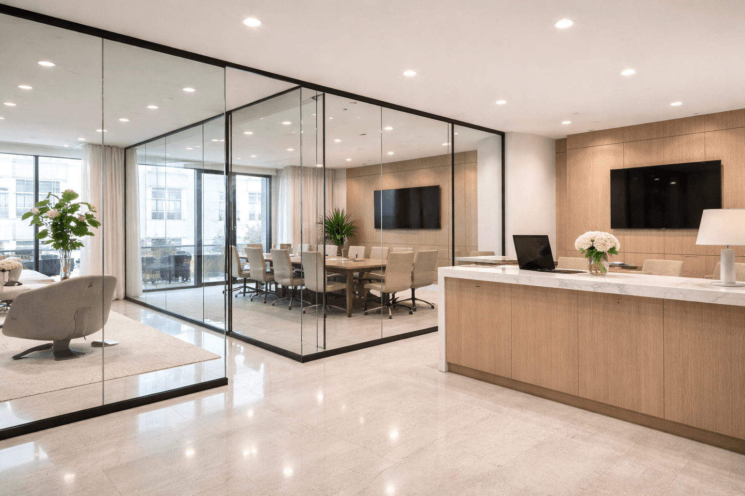 Spotless modern Bedfordshire office suite with gleaming glass partitions and pristine surfaces