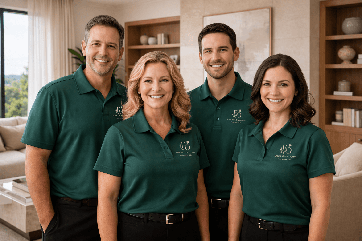 Approachable professional cleaners in emerald uniforms standing in a bright home environment