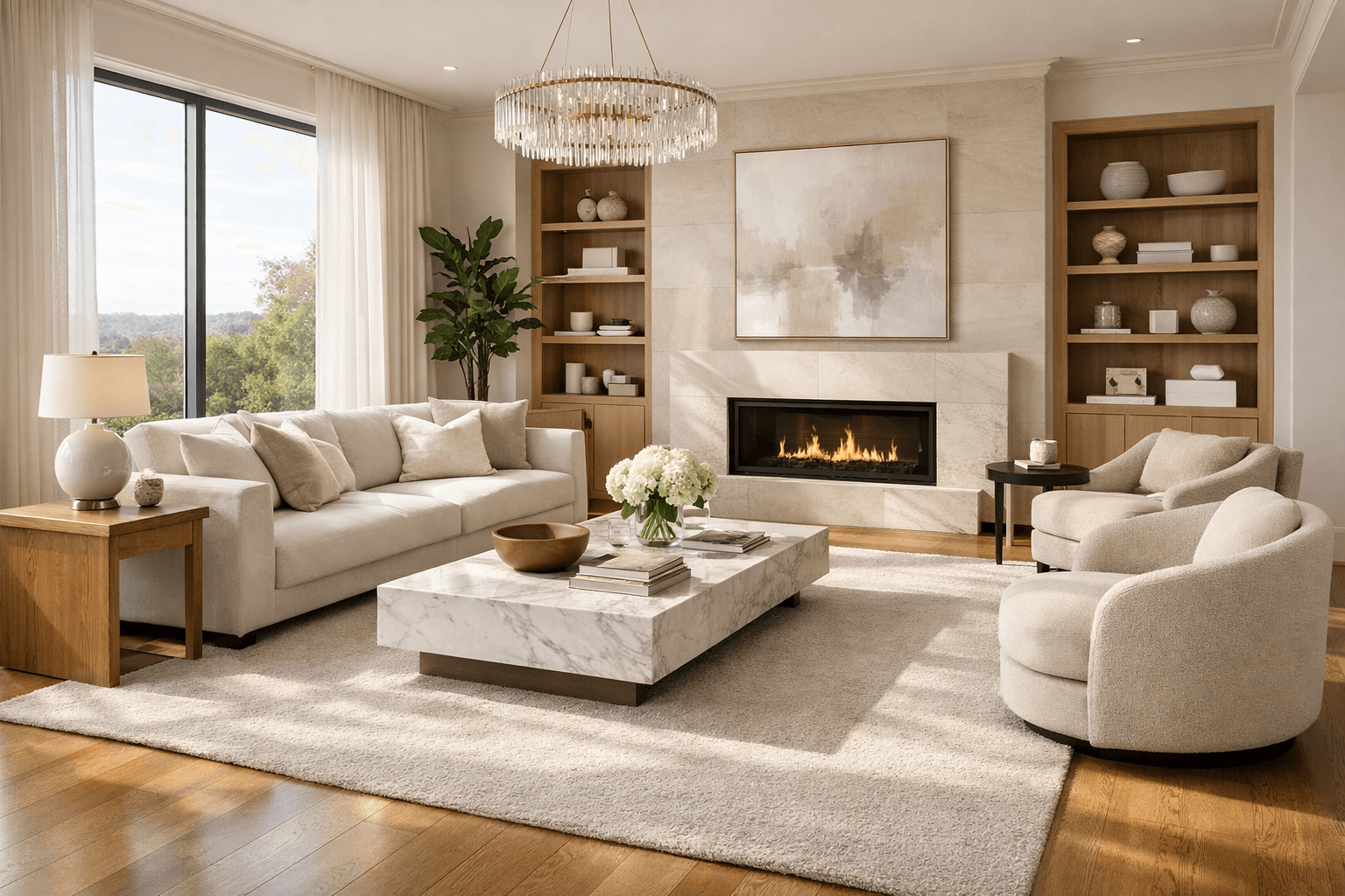 Sun-drenched high-end living room with perfectly vacuumed rugs and polished oak floors